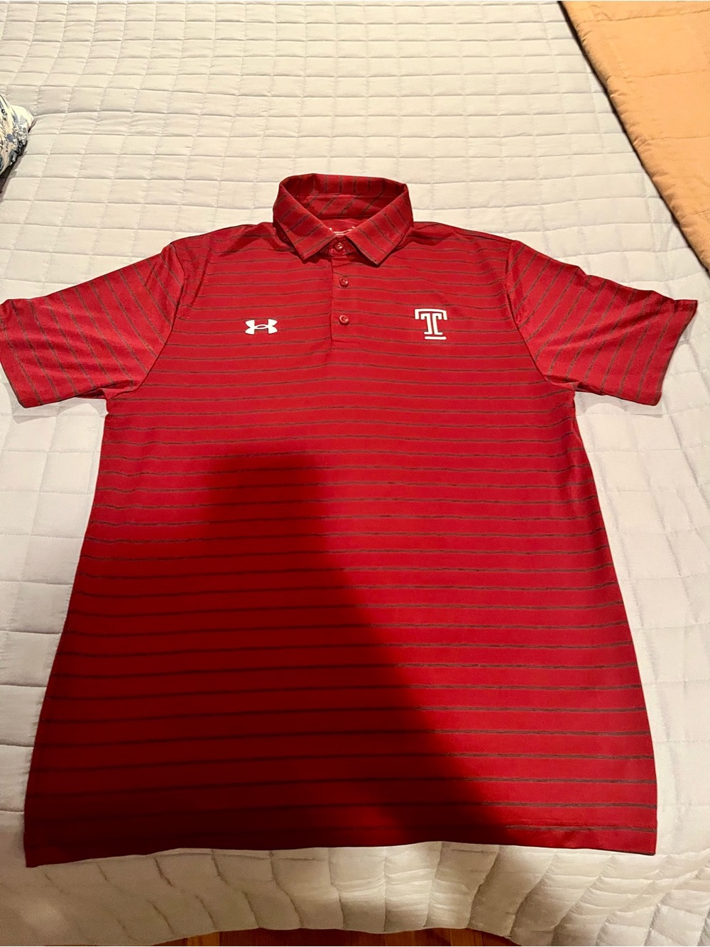 Under Armour Men’s Red Polo with Thin Gray Stripes - Temple Logo